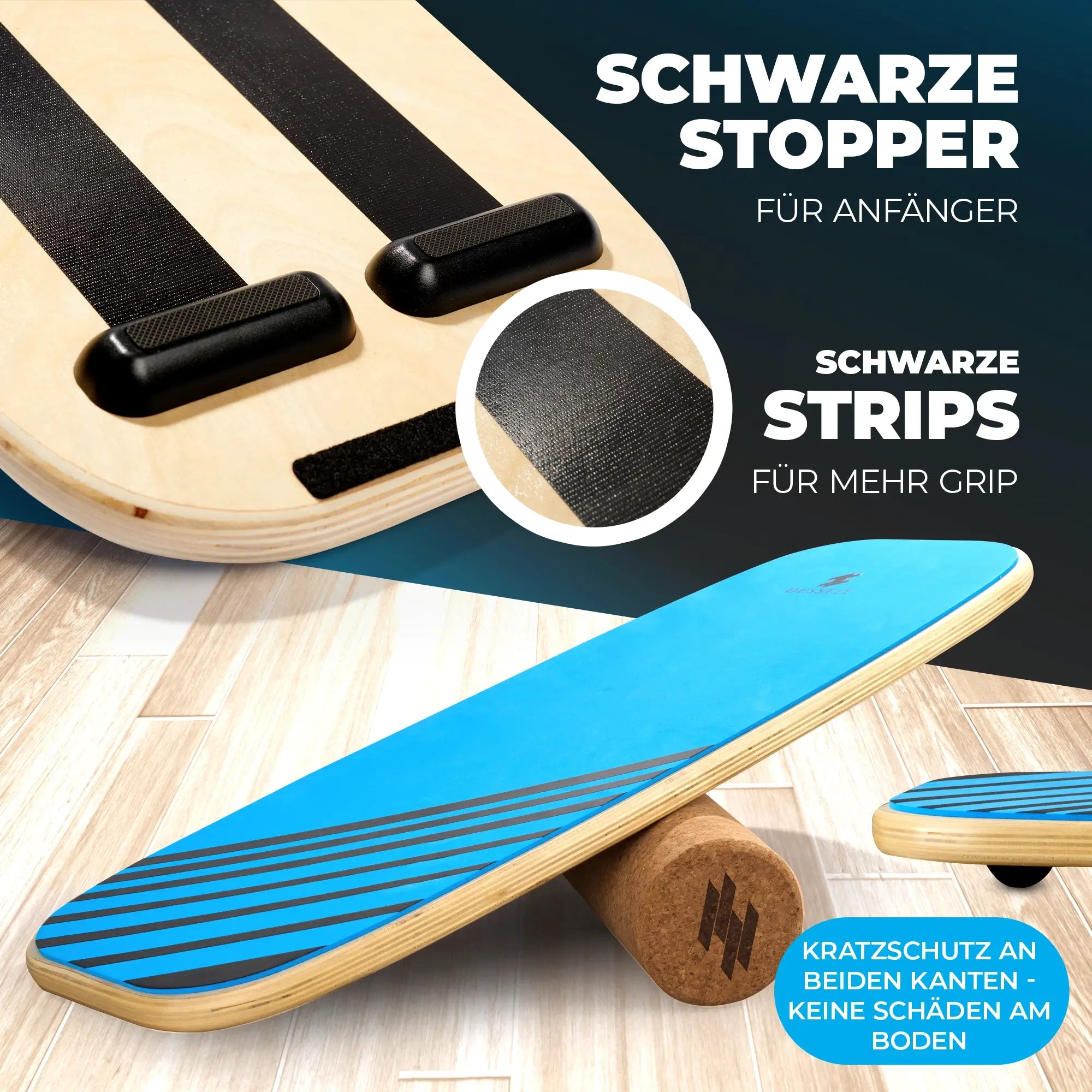 Dessfit Balance Board – (100%) Holz mit Korkrolle (Blau)