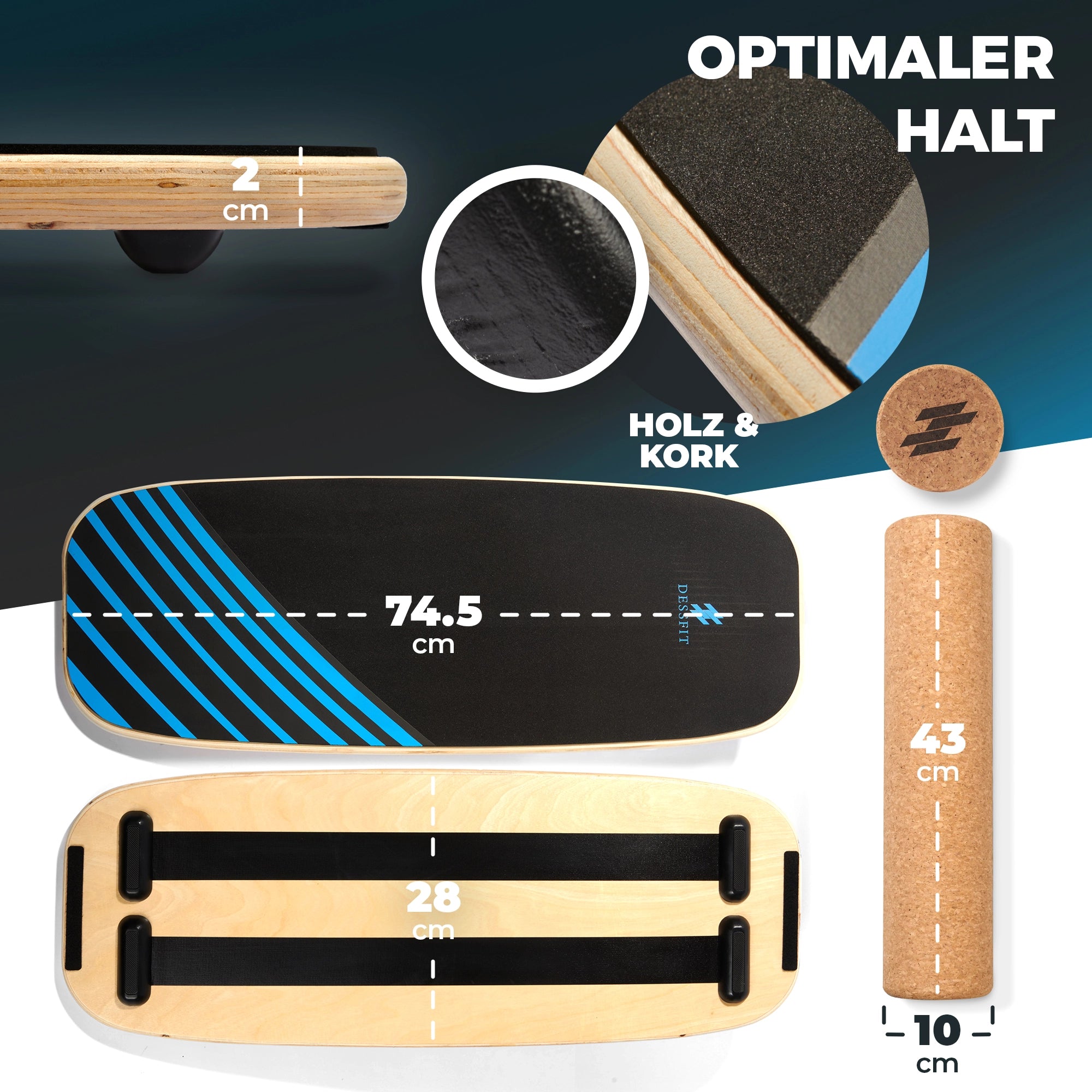 Dessfit Balance Board – (100%) Holz mit Korkrolle (Schwarz)